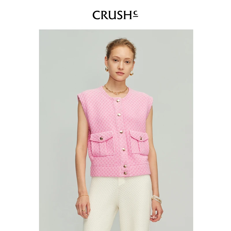 Crush Collection早秋新款时尚羊毛牛仔感针织开衫花呢马甲上衣女