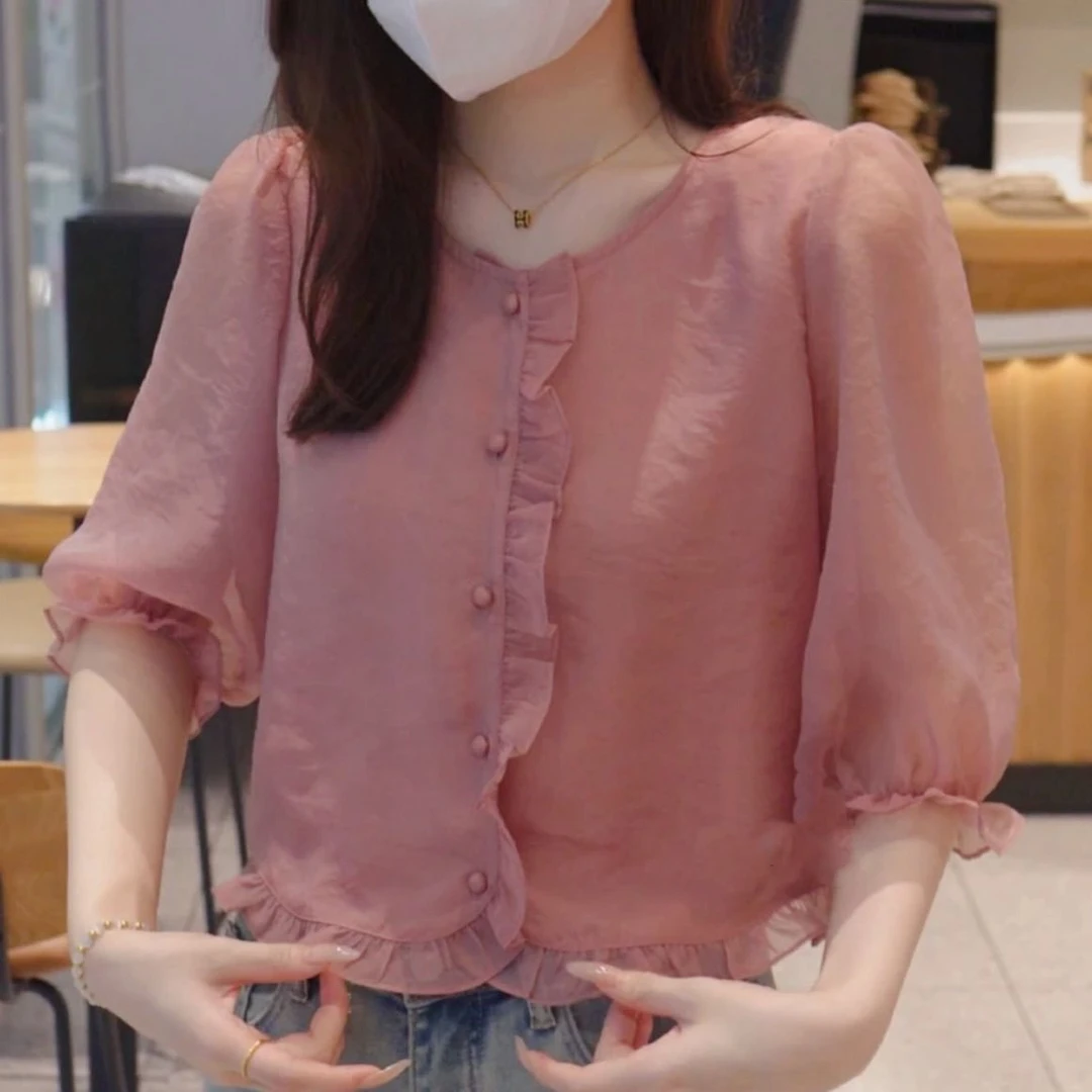 法式圆领木耳边泡泡袖衬衫女2025夏季新款宽松显瘦气质雪纺上衣潮