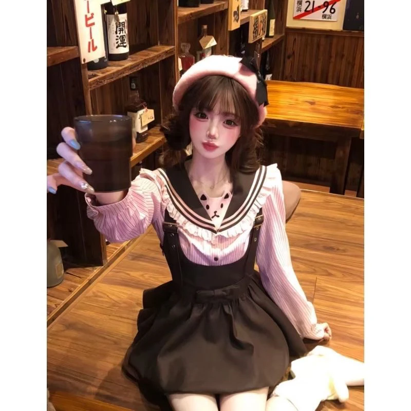 复古学院风可爱猫咪印花海军领清新长袖上衣拼接修身背带短裙套装