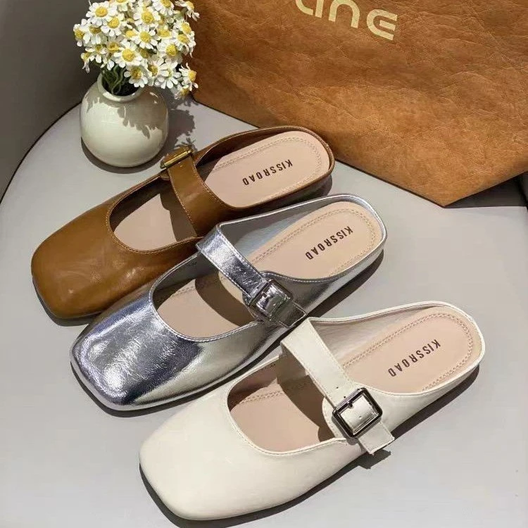 包头平底外穿半拖鞋女2025夏季新款洋气百搭仙女风配裙子方头凉拖