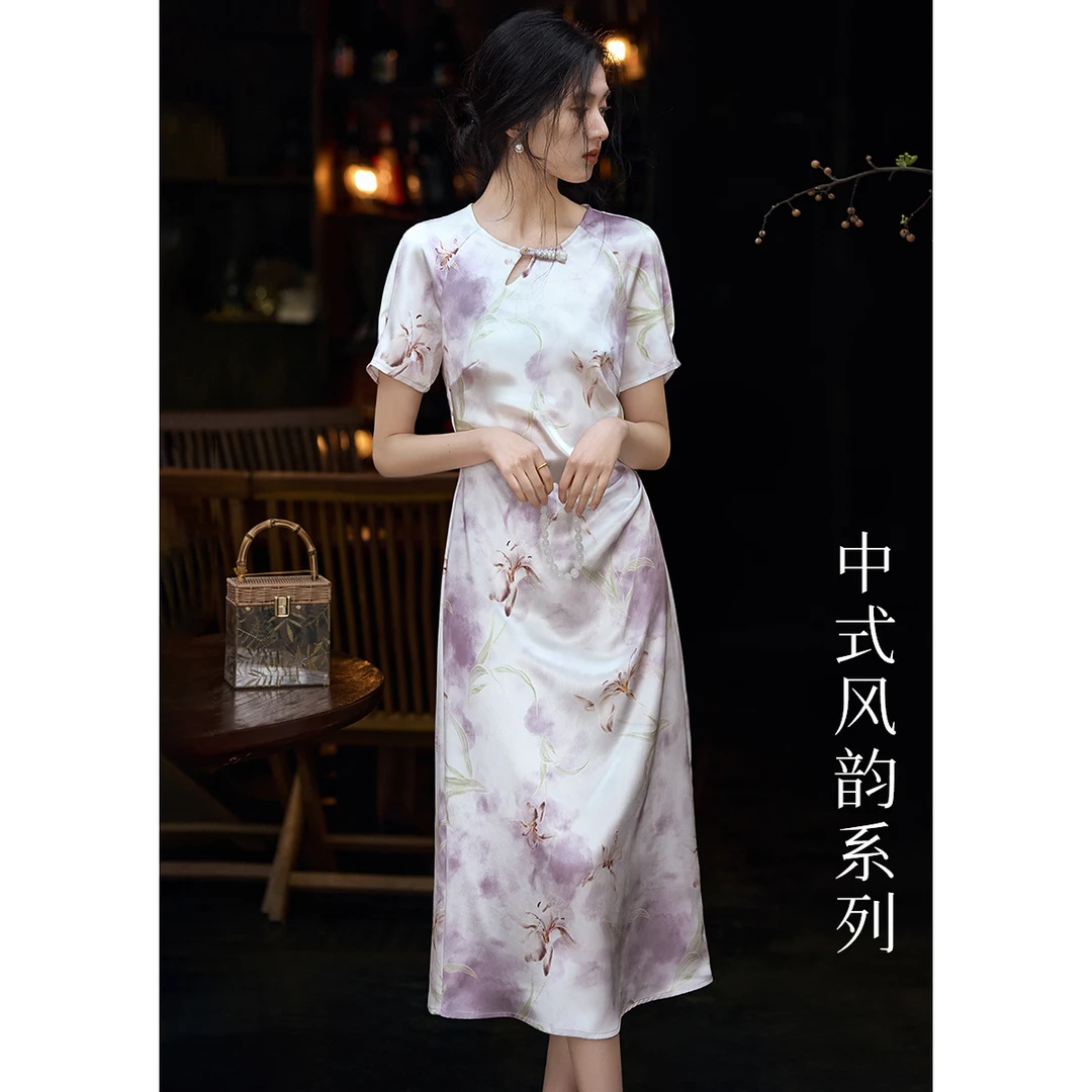 XWI/欣未【莫奈花园系列】25夏款气质优雅新中式缎面印花旗袍5B014