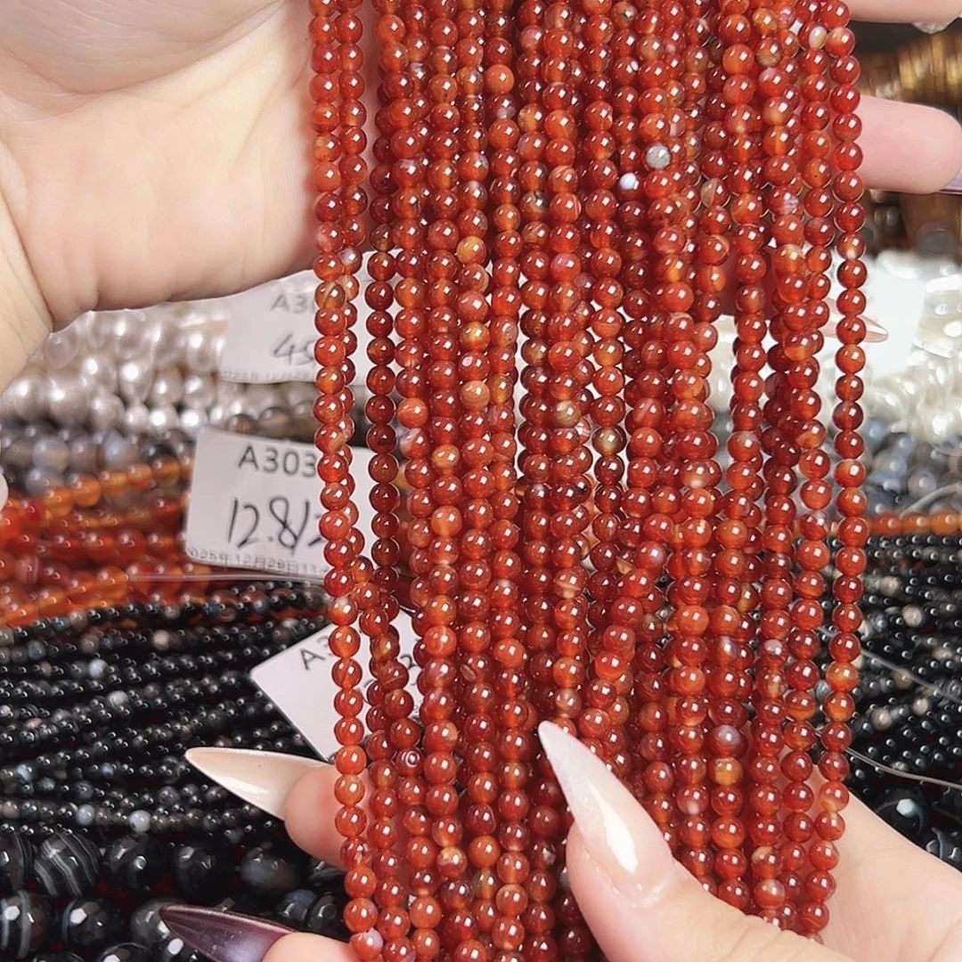 玛瑙/玉髓合金珠宝半成品a317 4m 纯天然冰红米珠 三条
