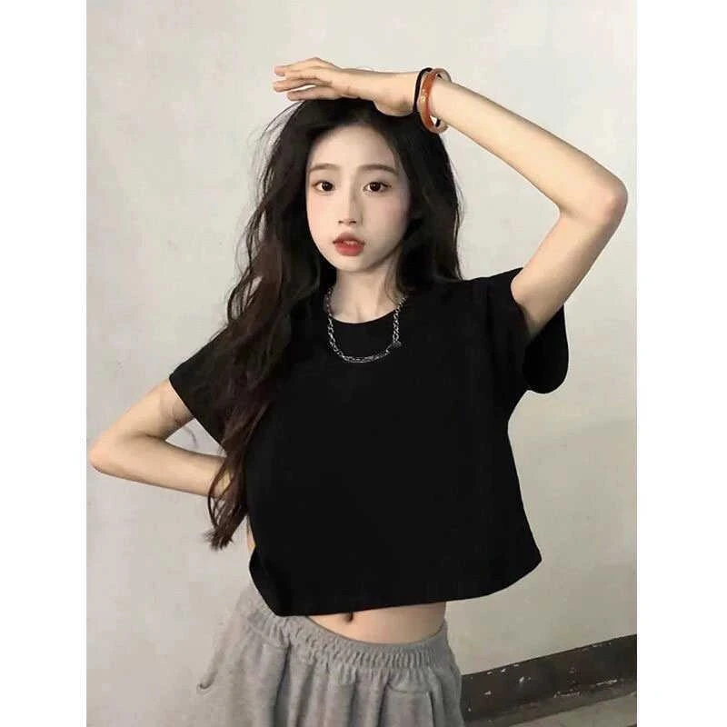 2025夏季新款休闲简约黑色短袖t恤女小众设计感短款正肩纯色上衣