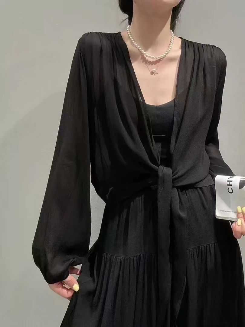 358意凡高品质乔其纱防晒优雅时尚无扣长袖衬衫百搭外搭