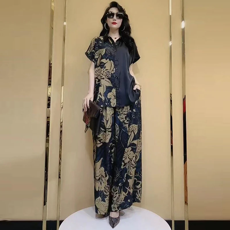 夏季大码衬衫+阔腿裤两件套苎麻拼接仿丝加肥加大斤显瘦套装女