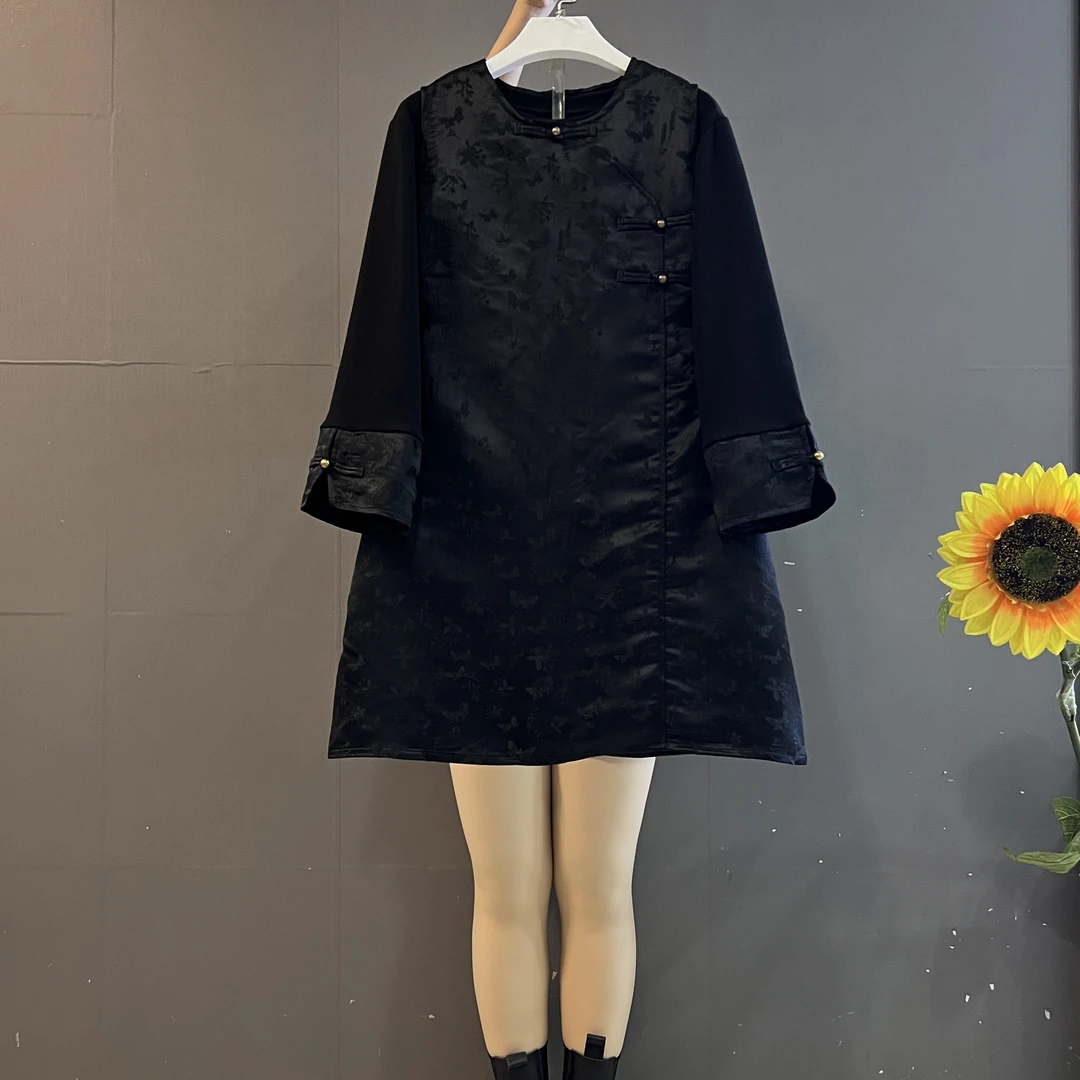 新款时尚复古提花盘扣马甲+内搭裙显瘦遮肉中式两件套