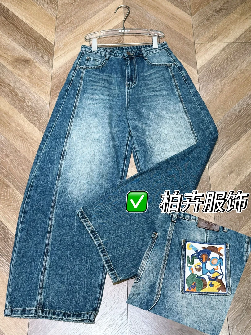 【柏卉服饰】后兜彩绘水洗弯刀裤