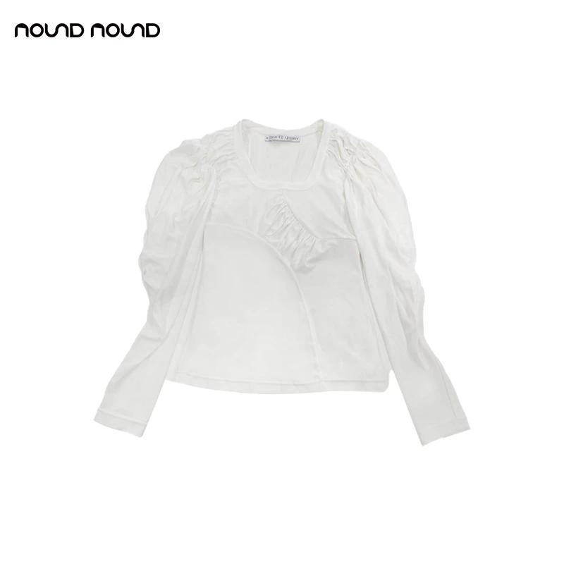 【yingpei】noundnound褶饰灯笼袖不对称分割修身上衣T恤
