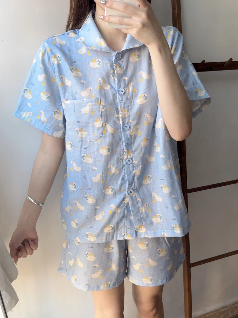 A类双层纱短纯棉棉纱袖短裤睡衣套装家居服套装印花宽松夏季