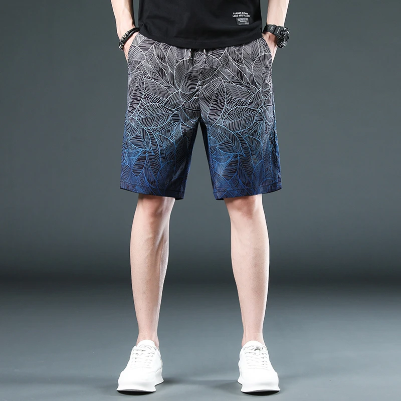 渐变色印花短裤男夏季潮流撞色宽松沙滩裤男速干冰丝休闲五分中裤