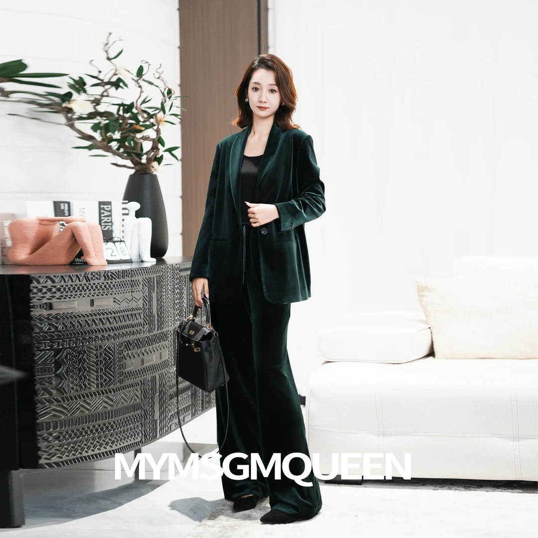 裤子流光盛宴一粒扣丝绒套装的裤子