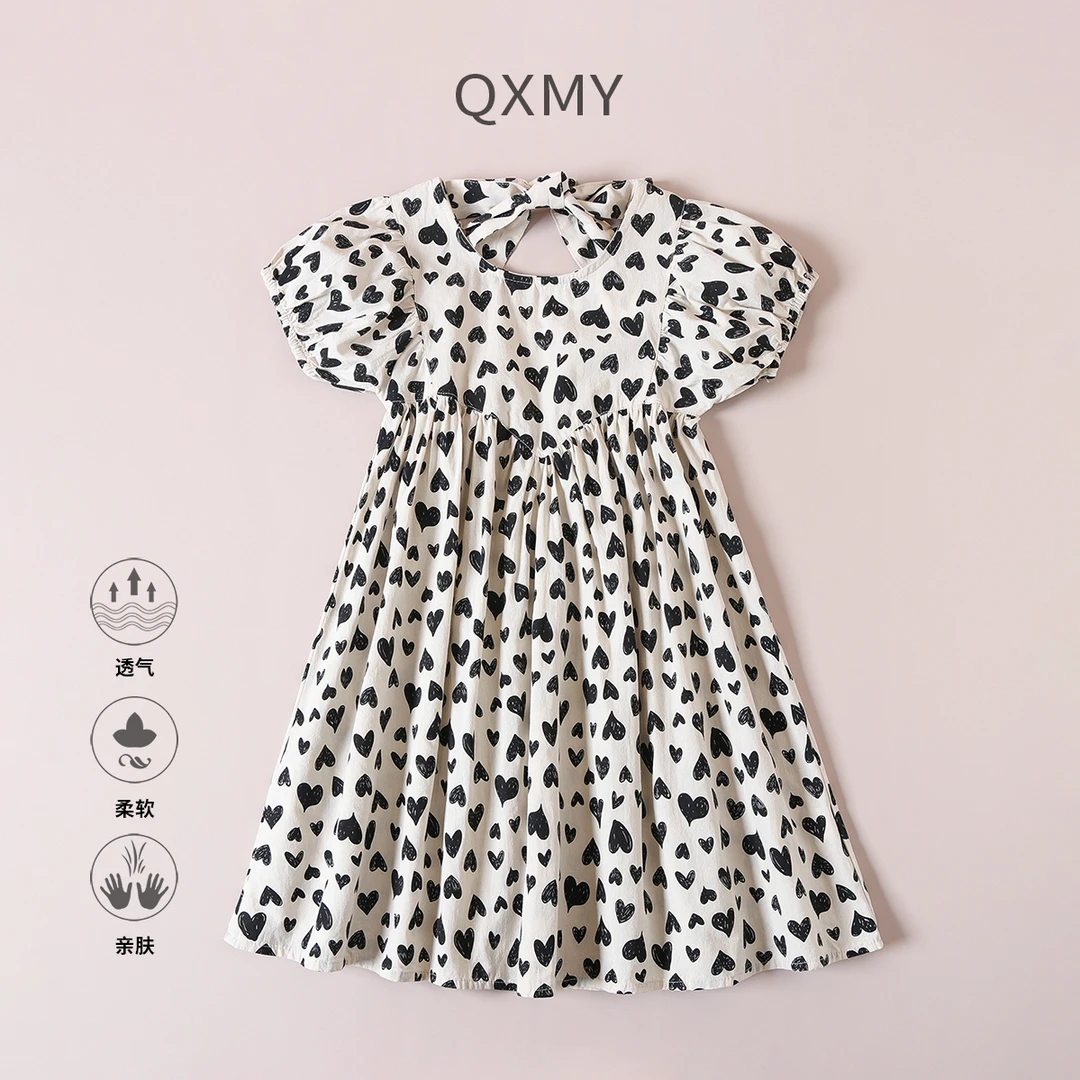 女童连衣裙夏装新款轻薄洋气泡泡袖公主裙爱心波点印花女孩裙子潮