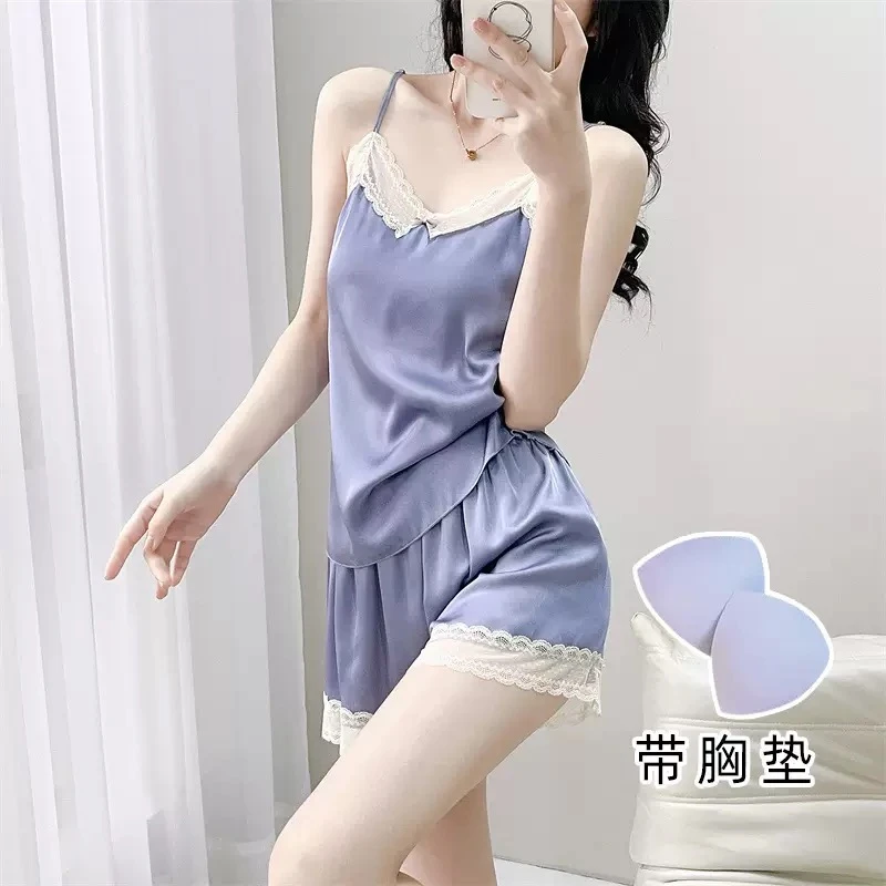 2025新款爆款冰丝薄款吊带短裤两件套睡衣纯欲风蕾丝带胸垫家居服