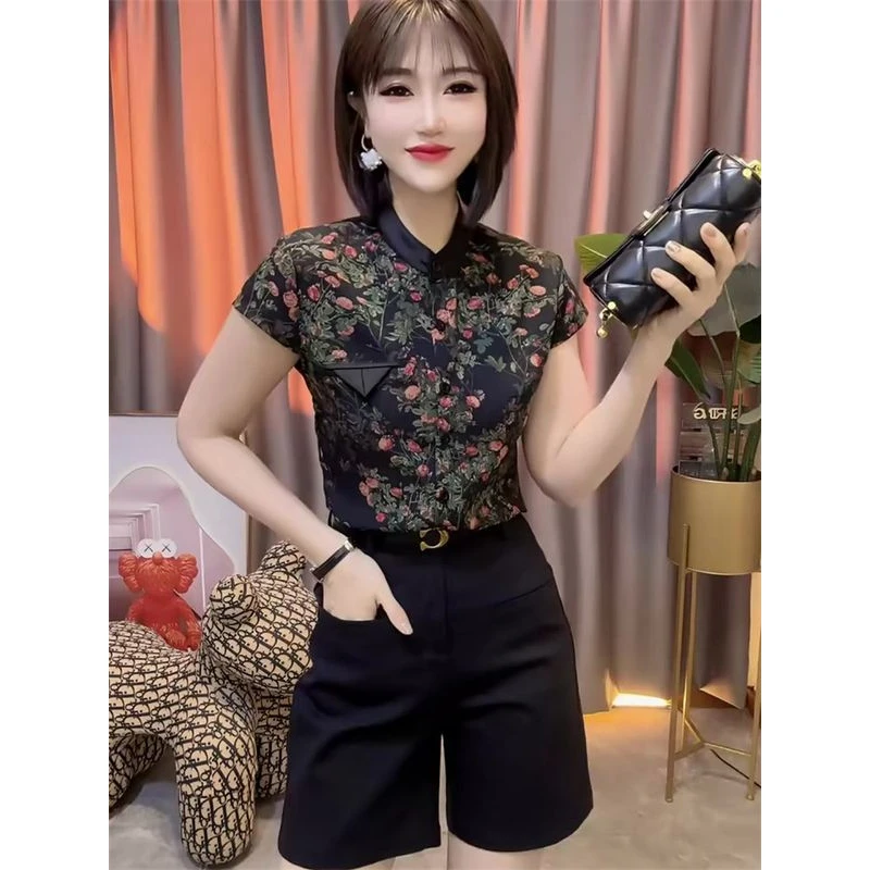 网红爆款时尚高级感立领衬衫女2024夏季新款显瘦遮肉百搭洋气衬衣