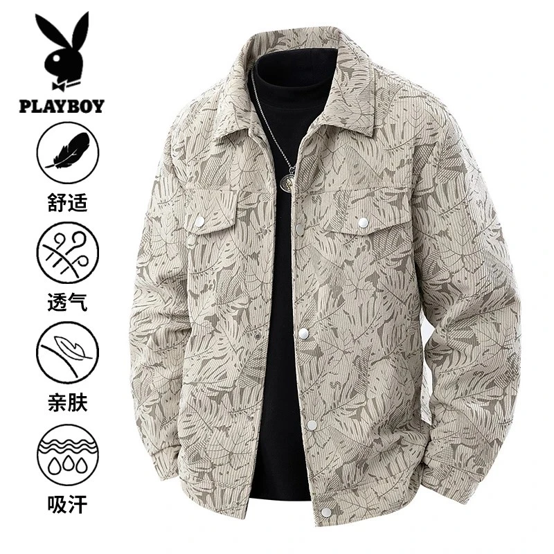花花公子新款大码男士休闲夹克秋季潮牌时尚百搭宽松满印翻领外套