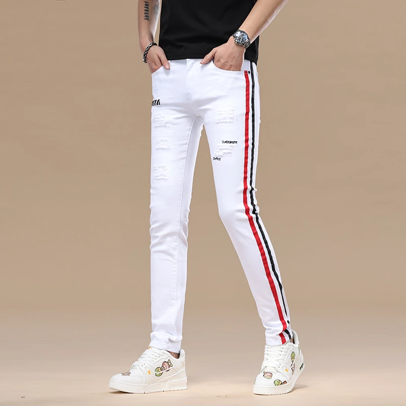 Tispair高端潮流白色破洞牛仔裤男春夏新款弹力修身小脚印花长裤
