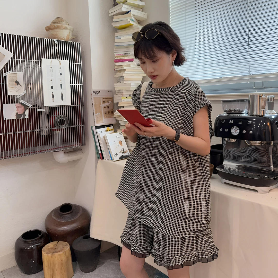09789/09790亚麻蕾丝花边格子套装