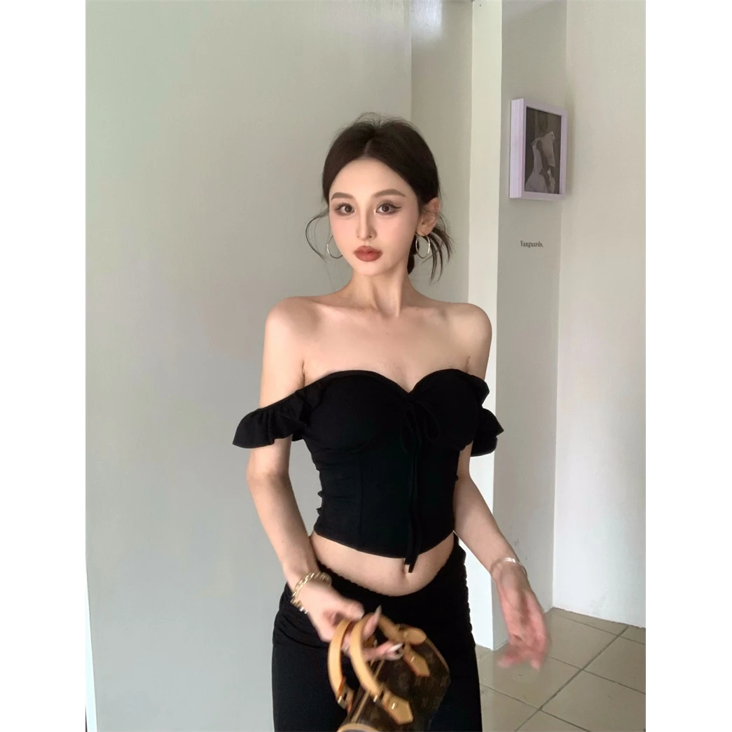 纯欲性感辣妹抹胸气质吊带黑色短款长袖高腰背心裤子套装蕾丝显瘦