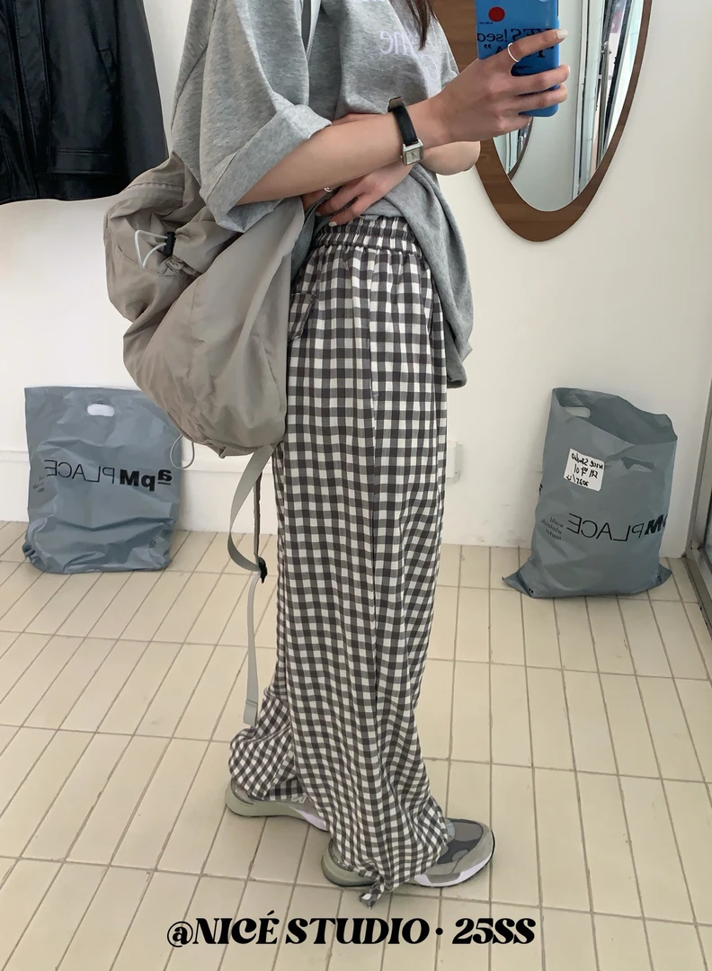 奶思家#6-026夏季福利高品质裤脚两用格子直筒裤，裤长：100cm