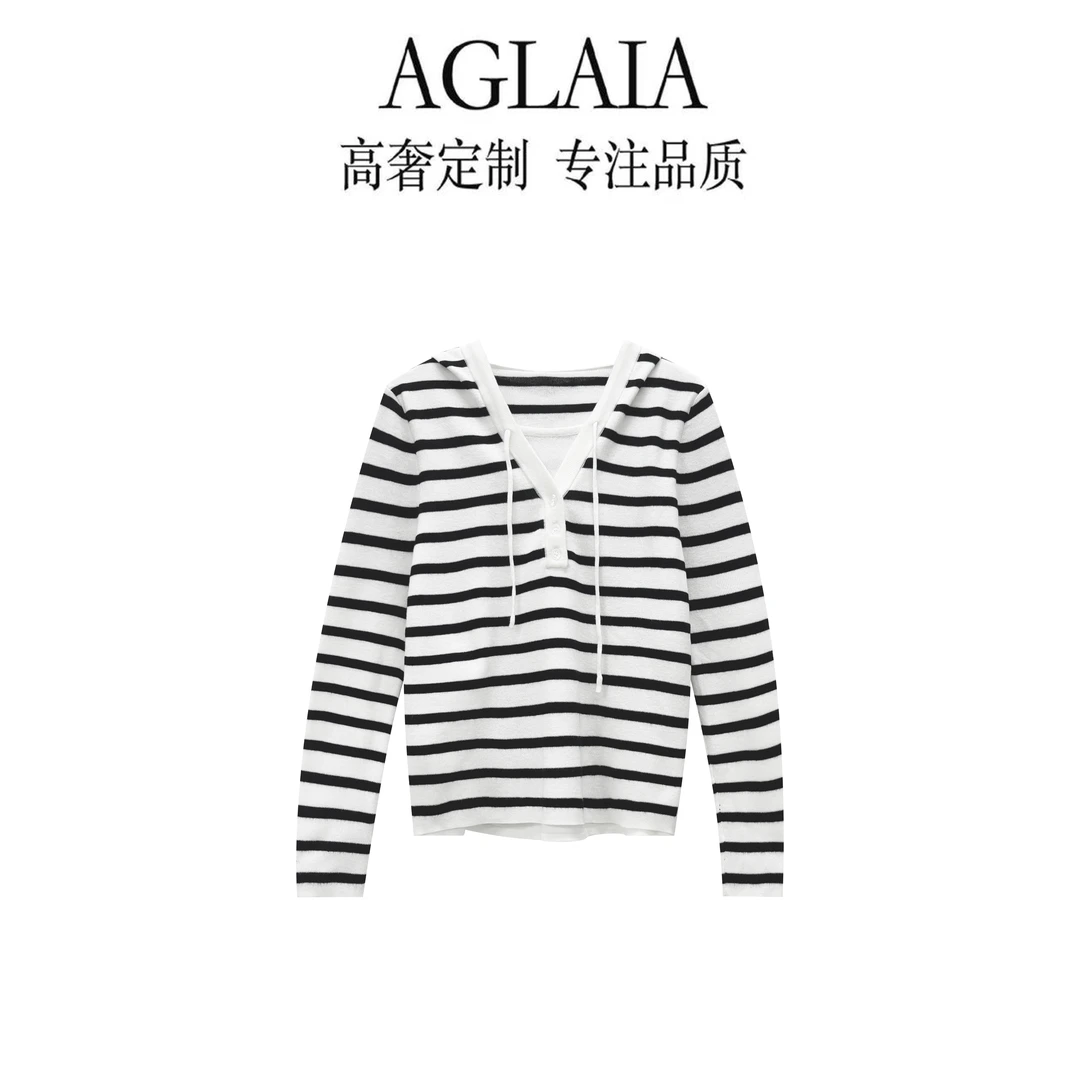 AGLAIA-撞色条纹设计感假两件长袖针织衫休闲百搭连帽上衣6177