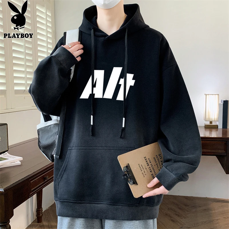 花花公子2025春秋季渐变连帽卫衣男士学生潮牌宽松打底衫男士卫衣