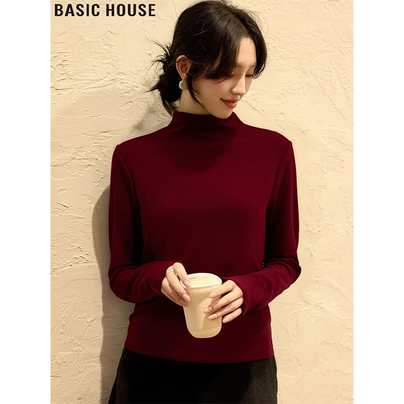 Basic House/百家好圣诞红半高领长袖T恤简约内搭上衣女2025冬季