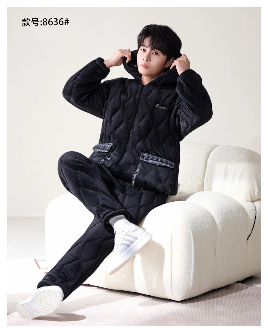 冬季新款休闲连帽睡衣套装男轻奢海岛绒三层夹棉加绒加厚居家保暖