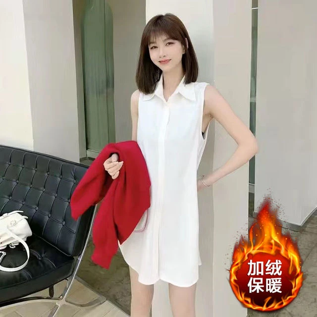 加绒加厚白衬衫背心韩版百搭时尚叠穿衬衫加绒上衣纯色背心衬衣女