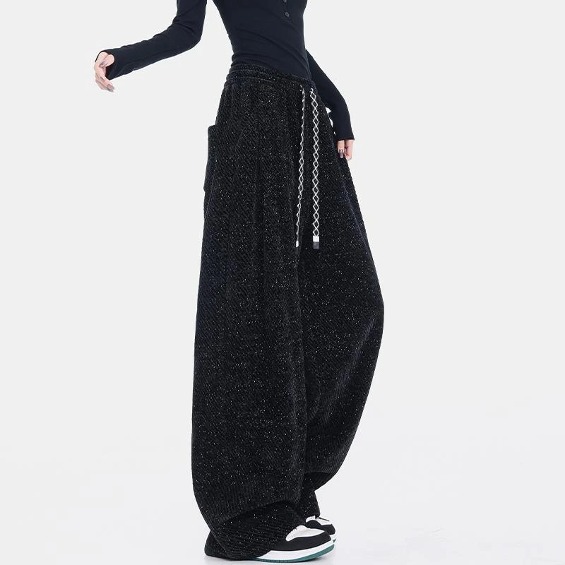 KEN STUDIO秋冬加绒黑色满天星垂感抽绳休闲裤女宽松显瘦阔腿裤子