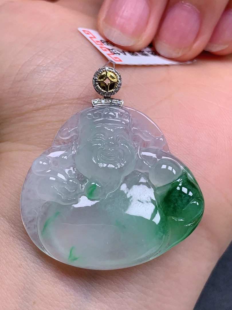 天然缅甸翡翠A货18k冰飘花财神爷气质精美尺寸35.2+31.8+6  370