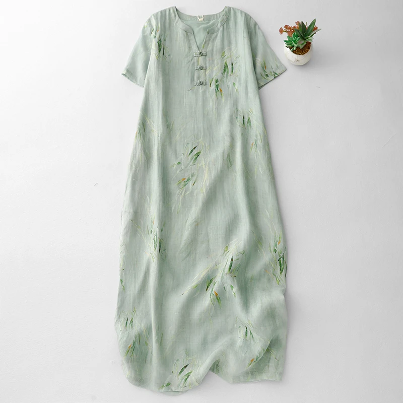 新中式国风改良旗袍裙女夏季2025时尚新款气质V领印花短袖连衣裙