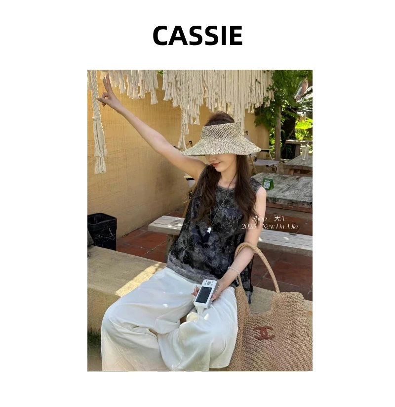 CASSIE夏季新款法式蕾丝绣花无袖背心上衣