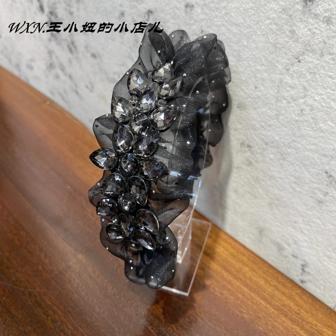 051高端轻奢黑色满天星网纱钻款褶皱发箍高颅顶显脸小带齿头箍