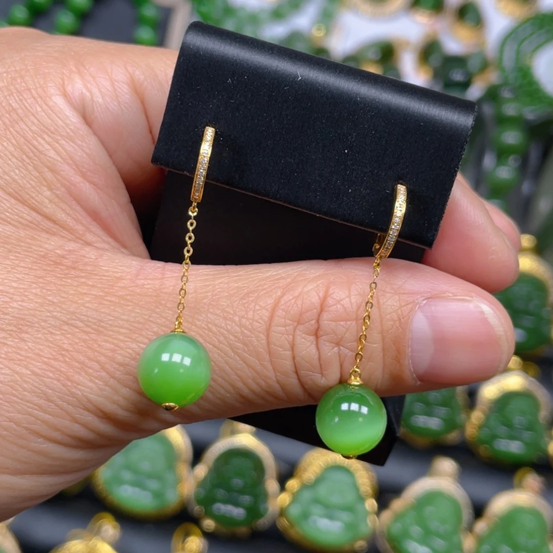 和田玉（碧玉）耳饰18K金镶嵌