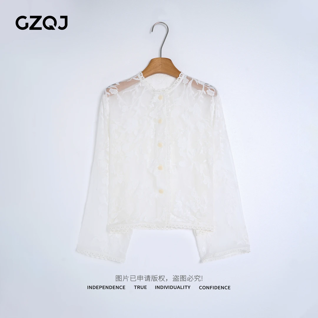 广州琴姐【丝光花叙】桑蚕丝欧若风蕾丝刺绣长袖防晒衬衫上衣女1187