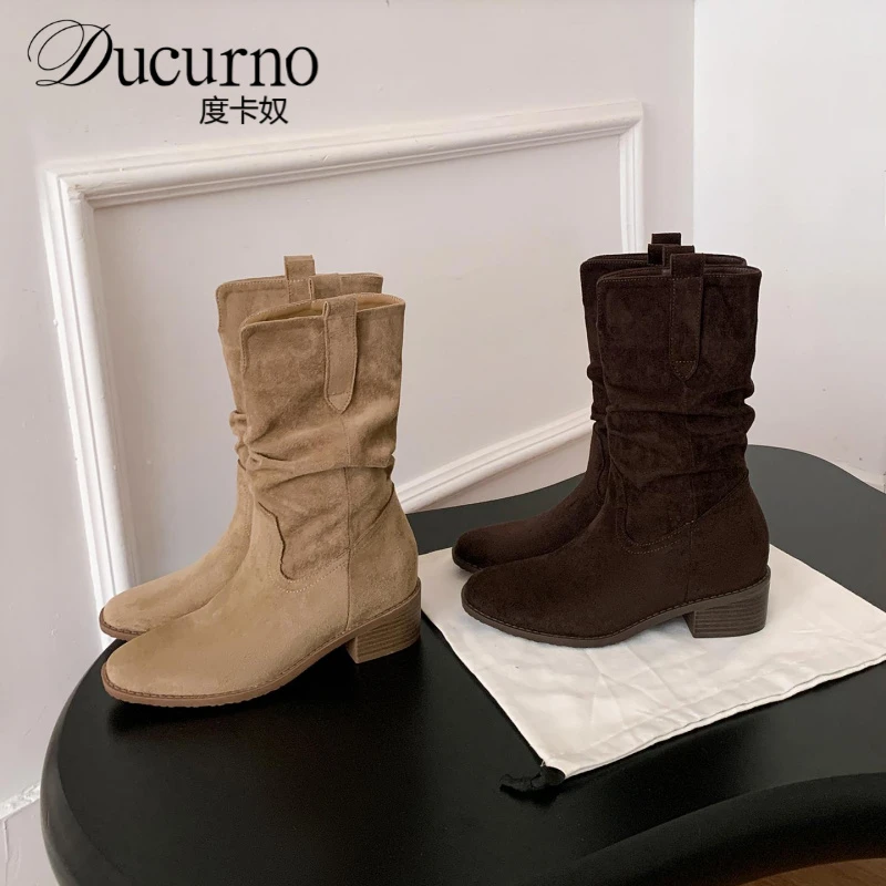 覆古内增高粗跟厚底小个子短靴子2025秋季新款显瘦大筒围堆堆靴子