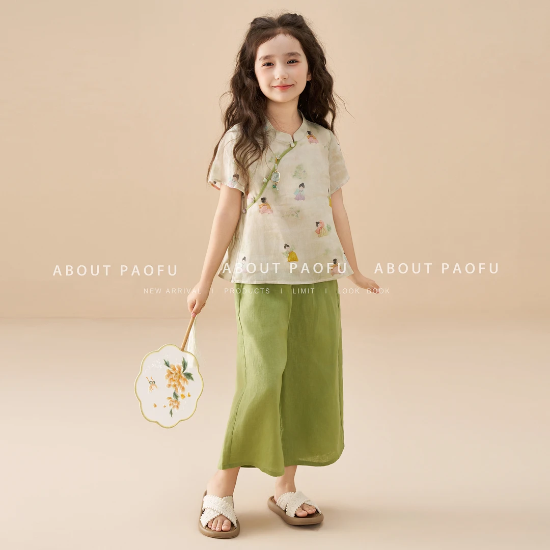 【糖人】泡芙定制 新款100苎麻 42支女童新中式短袖套装 DY1250608