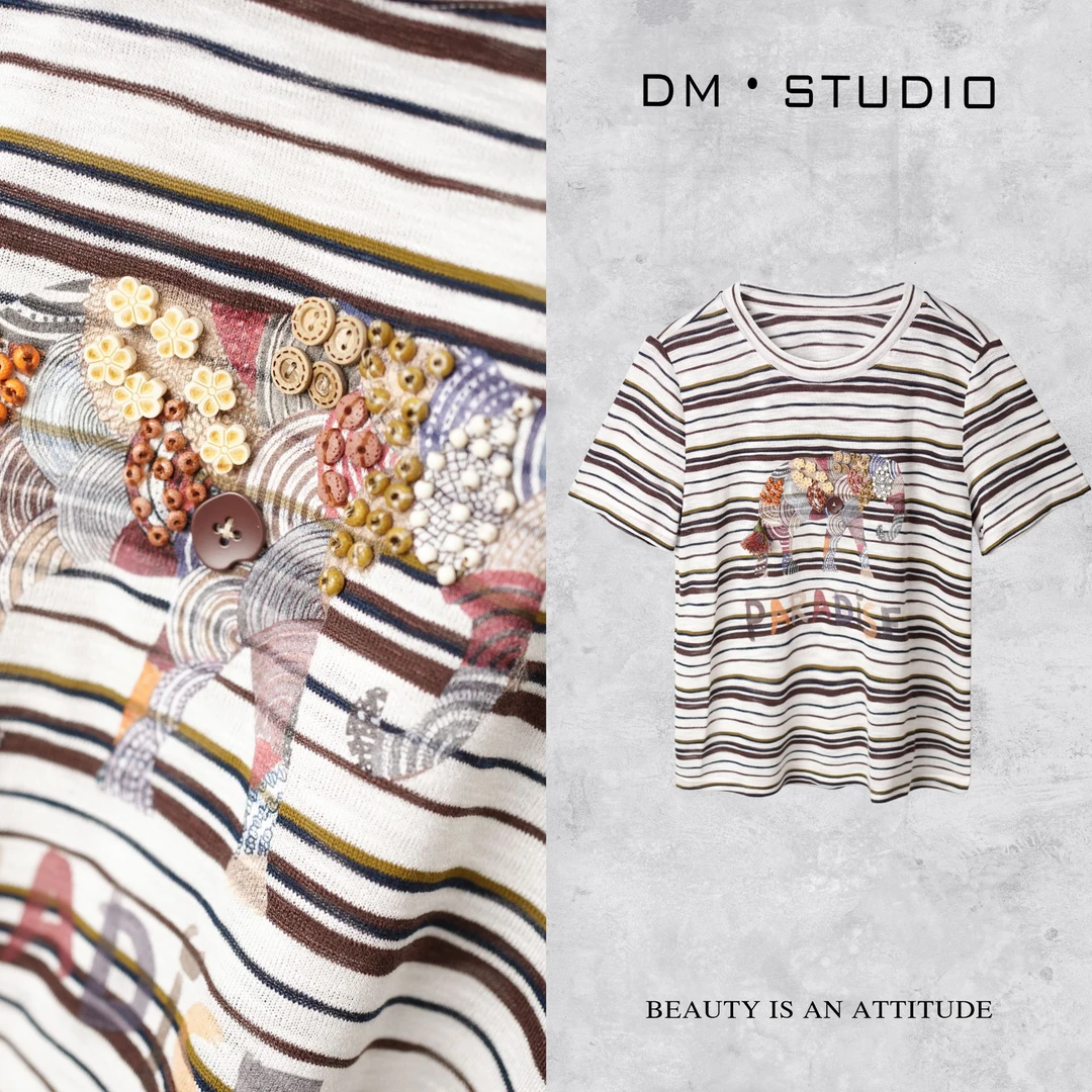 •STUDIO/夏季百搭减龄条纹圆领短袖上衣T恤2505TX/25T-269