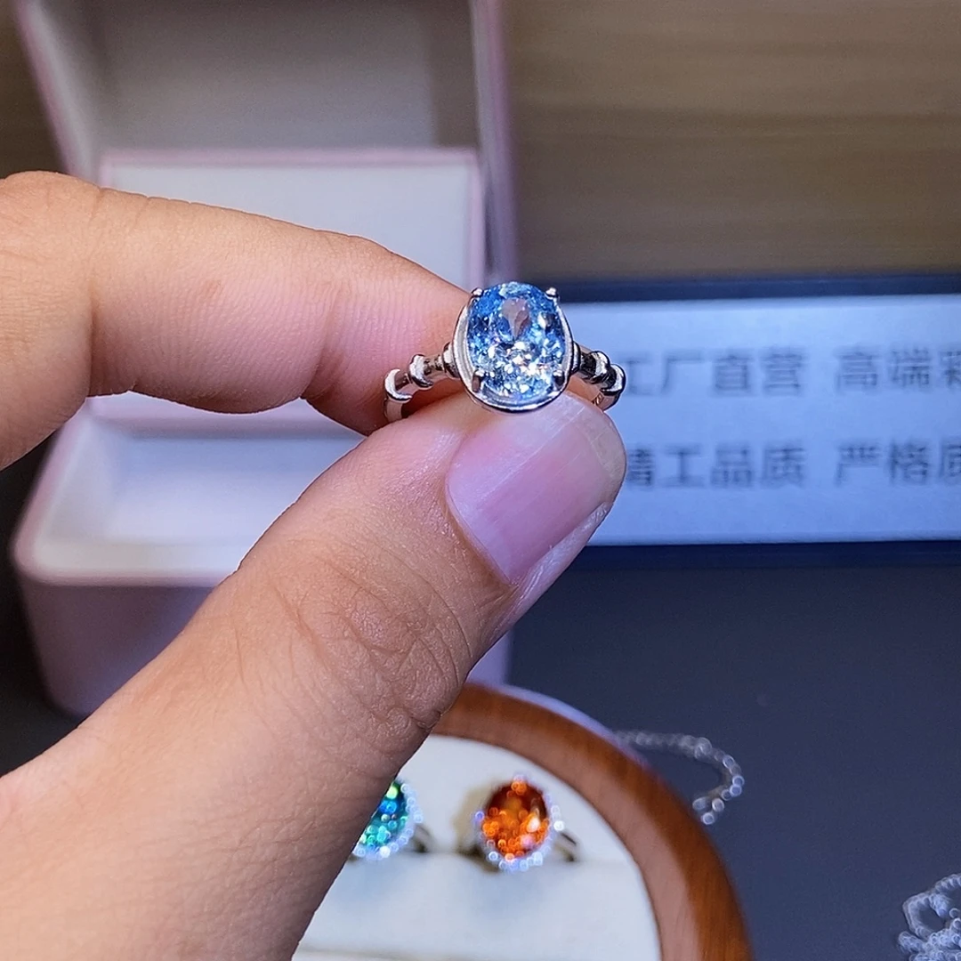 银S925镶嵌戒圈海蓝宝石