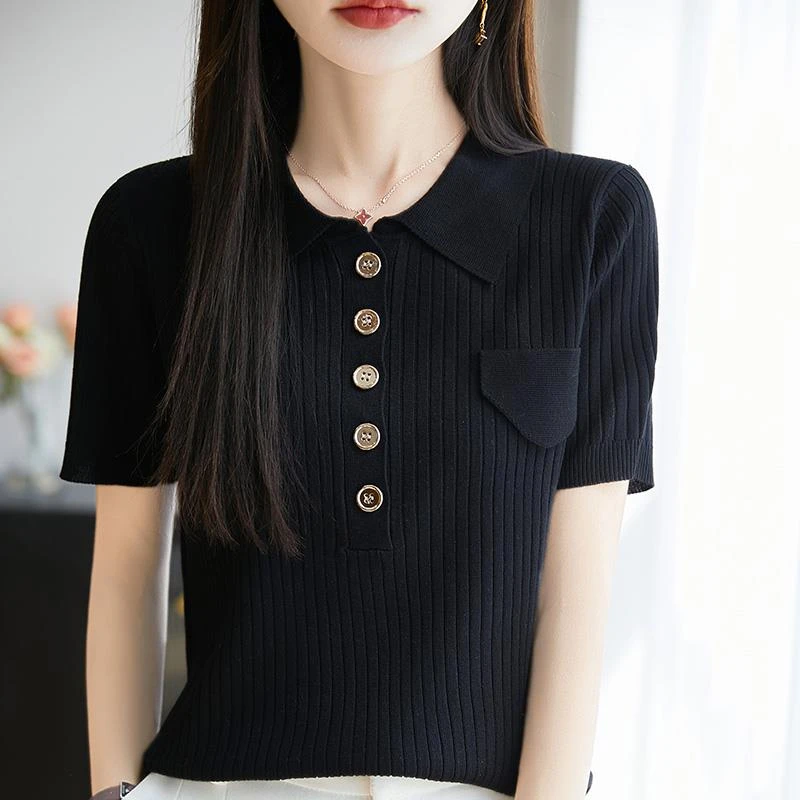 哥弟阿玛施正品法式polo衫翻领针织T恤女修身显瘦正肩短袖上衣202