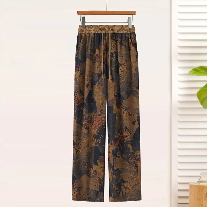 新款女士夏季轻薄聚酯印花宽松直筒长裤妈妈百搭显瘦裤子