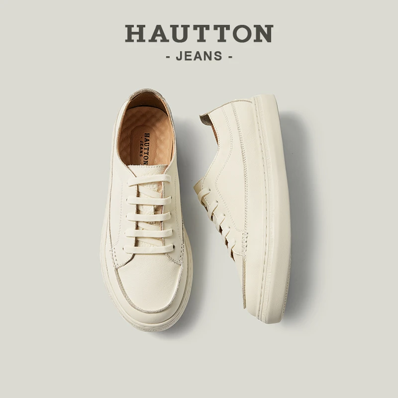 老钱风一脚蹬小白鞋真皮休闲鞋百搭男鞋男士休闲皮鞋秋冬款HT2119