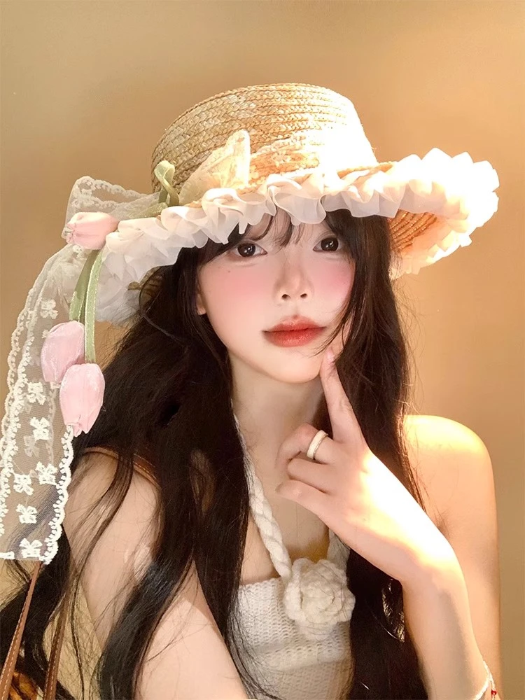 蕾丝蝴蝶结郁金香草帽女夏季海边沙滩度假拍照帽子户外遮阳防晒帽