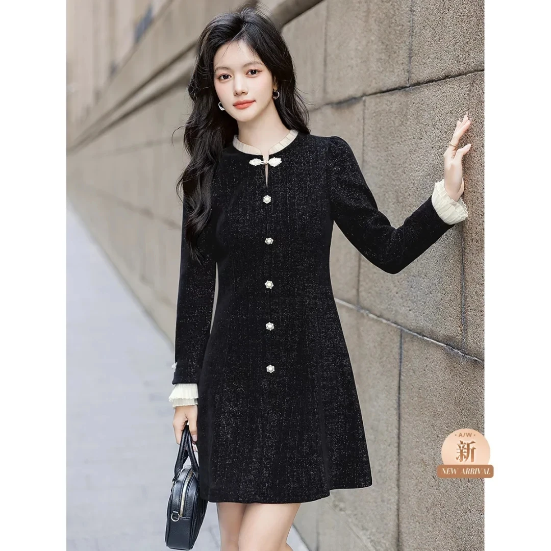 D127新款2025秋季气质高级显瘦连衣裙百搭长袖连衣裙女网红款