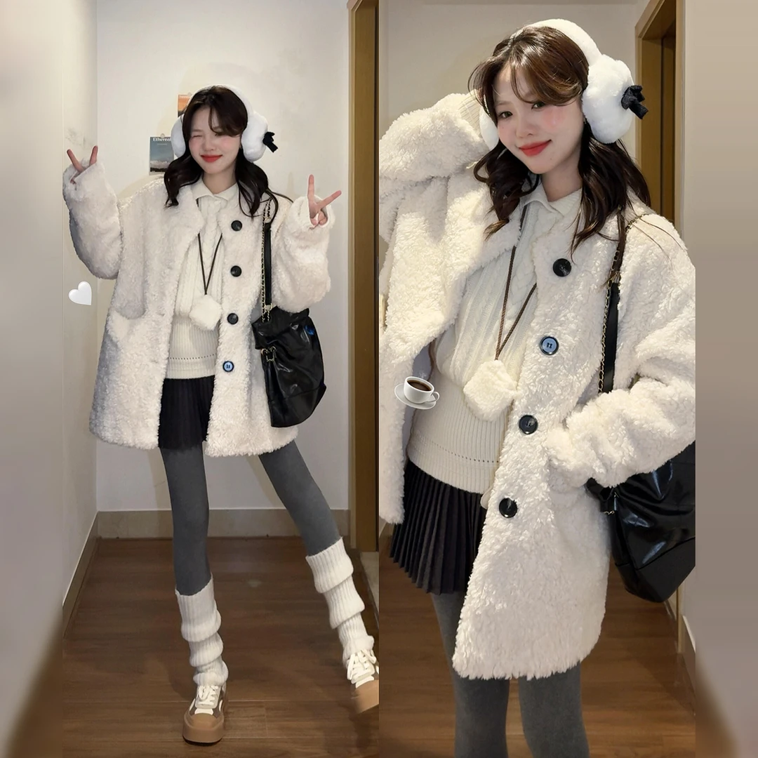 白色仿羊羔毛外套女秋冬2026新款韩系复古慵懒风高级感摇粒绒上衣