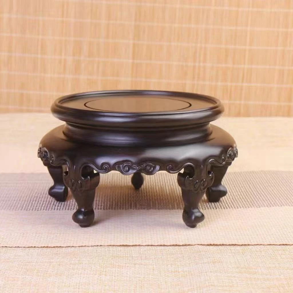 紫光檀如意云纹五足圆几底座盆景茶壶花瓶砂壶摆件底座 尺寸(cm)：