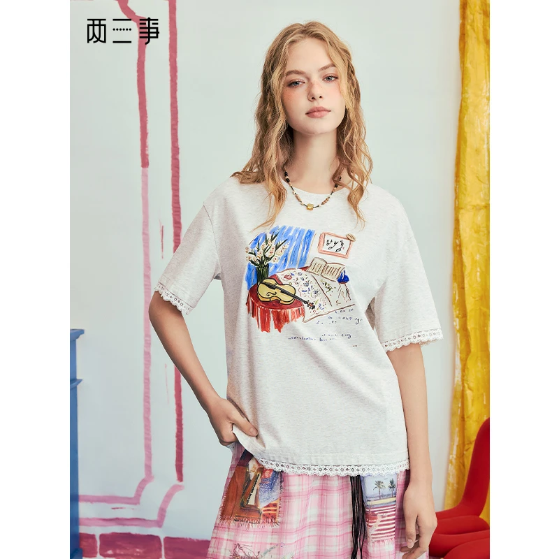 两三事野兽情书2025夏季新款复古油画印花蕾丝拼接短袖t恤女宽松