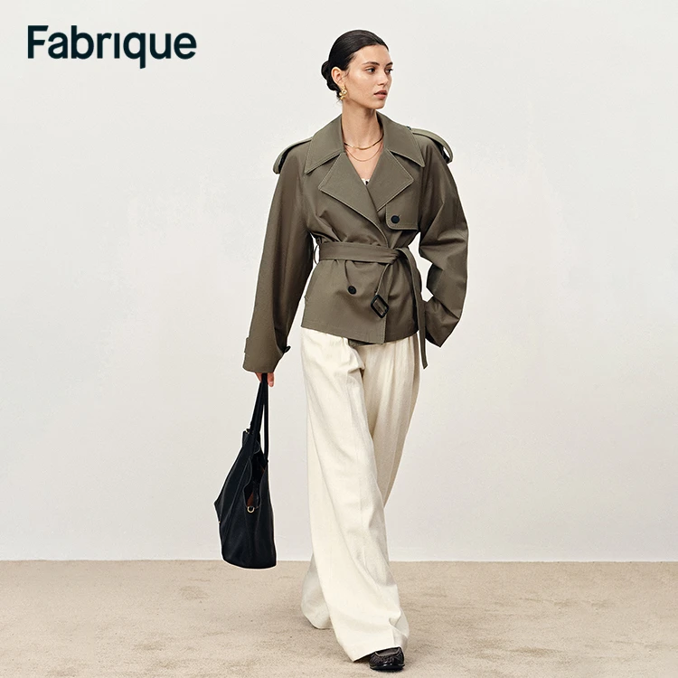 Fabrique Beatrice 【旷野风衣】苔绿色斜纹纹镶边腰带短款夹克外套