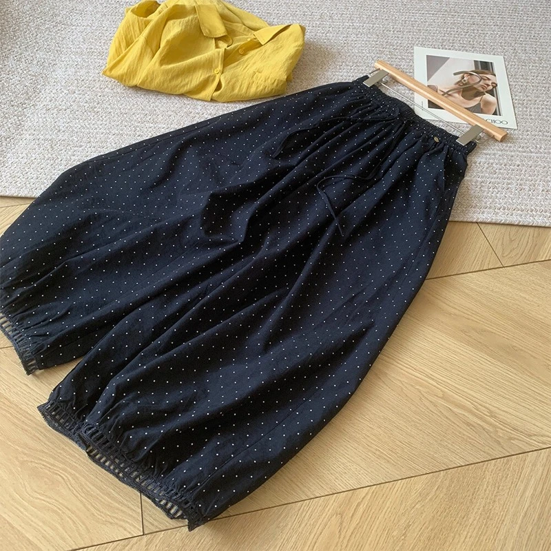 夏季薄款慵懒风波点直筒阔腿休闲裤女大码梨型宽松遮胯显瘦灯笼裤