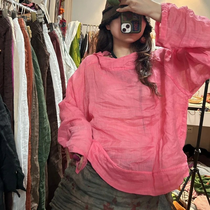 妞妞 高品质设计师款苎麻连帽长袖小衫简单大气（胸围130衣长58）